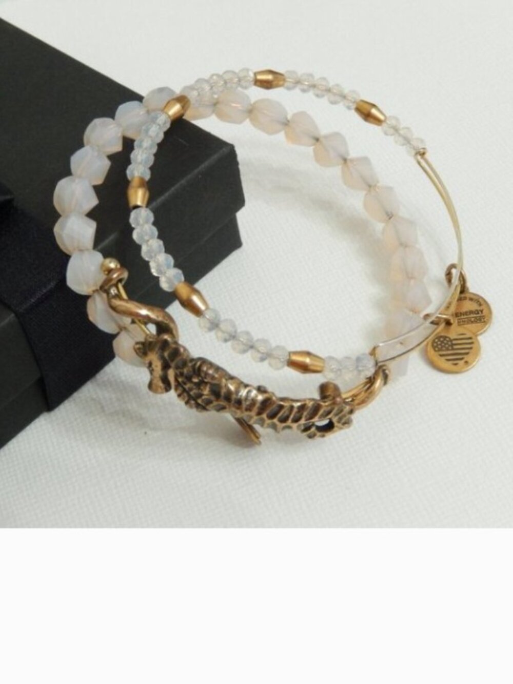 Alex and Ani Bracelet 2 Pc Set Gold Seahorse Pink Bead with Box
